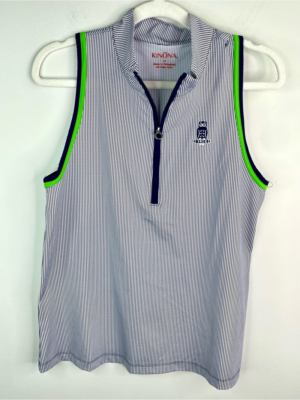 Kinona Navy Pinstripe Sleeveless Golf Polo with Neon Green Trim & Zipper Size M